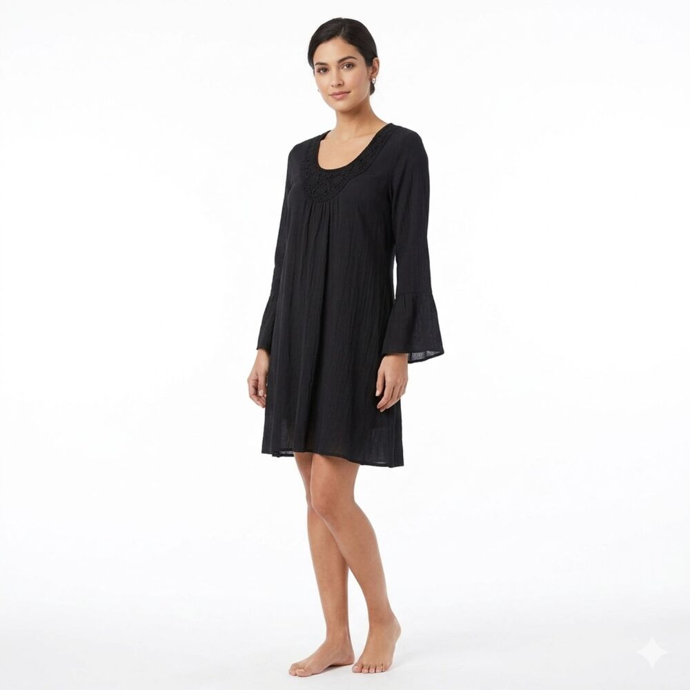 Wrangler Black‎ Crinkle Gauze Crochet Neck Long Sleeve Dress - Size L